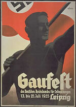 Este póster anuncia un festival de aptitud física regional del Partido Nazi en Leipzig. Julio de 1935.