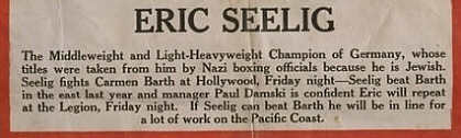 本海报的一段摘录描写到 Seelig“由于是犹太人，纳粹拳击官员剥夺了他的德国中量级和次重量级拳击冠军头衔。”