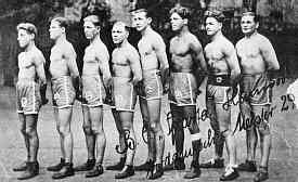 Gypsy boxer Johann Trollmann (third from right) with his German workers' sports club before he was barred from boxing in June 1933 for “racial reasons”. This photograph was taken in 1929.