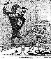 这幅漫画名为《现代墨丘利》，出自 Jerry Doyle 之手，发表在 1935 年 12 月 7 日的 The Philadelphia Record（《费城记录报》）。背景有几个已褪色的大字，写的是“奥运会的体育精神和国际亲善的美好愿望”。前景的希特勒画像则写有“1936 年奥运会”、“绝不容忍与歧视”以及“纳粹主义”等文字。