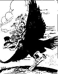 This illustration is titled “The Black Eagles,” by artist “Holloway” from the African American newspaper <i>The Pittsburgh Courier</i>. It provided a rousing send-off for Black Olympians who sailed with the rest of their team for Germany. The eagle, destined for Berlin, carries a scroll titled “U.S. Olympic Team.” The other labels contain the names of African-American athletes. July 11, 1936.