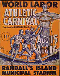 Programa para una contraolimpíada llevada a cabo en Randall's Island, en Nueva York, en agosto de 1936. Dicho evento fue patrocinado por la Unión Atlética Amateur, la Federación Estadounidense del Trabajo, el Comité Judío de Trabajo y por Fiorello LaGuardia, alcalde de la ciudad de Nueva York.
