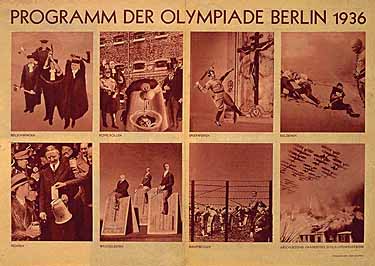 German artist John Heartfield's “Program of the Olympics” from the November 1935 issue of <i>Arbeiter Illustrierte Zeitung</i> (Workers' Illustrated Newspaper) satirizes the Nazi regime by listing fictional Olympic events. This newspaper was published by leftist German expatriates in Prague, Czechslovakia.