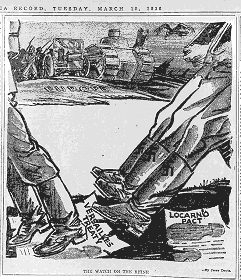 "The Watch on the Rhine" (La guardia junto al Rin) por Jerry Doyle, <i>The Philadelphia Record, 10 de marzo de 1936</i>. Dicha ilustración muestra a soldados alemanes pisoteando papeles que representan el Tratado de Versalles y el Pacto de Locarno.