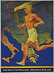 خريطة توضح مسار الشعلة بداية من موقع الأولمبياد القديم في أولمبيا، باليونان، حتى برلين.  كانت دورة الألعاب الأولمبية ببرلين أول دورة يتم فيها نقل الشعلة جريًا على الأقدام. 1936.