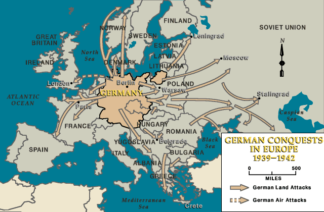 A map of Europe showing the countries Germany invaded during World War 2.