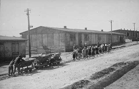 Jewish prisoners at forced labor in the Plaszow camp. Plaszow, Poland, 1943-1944.