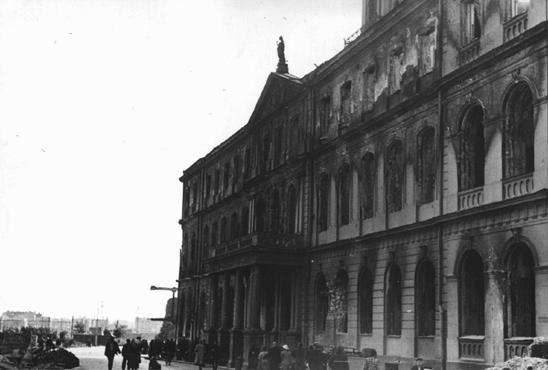 German forces occupied Riga in early July 1941. Here, war damage to Riga's city hall is evidenced by blackened areas around the building's windows. Riga, Latvia, August 1941.
