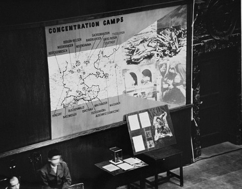 Photographs, artifacts, and a map presented as evidence at the International Military Tribunal. Nuremberg, Germany, between November 20, 1945, and October 1, 1946.