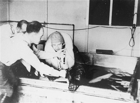 Vítima de uma experiência "médica" nazista sendo forçada dentro de um recipiente com água quase congelada gelada no campo de concentração de Dachau. O monstruoso "médico" das SS, Sigmund Rascher, supervisiona a experiência. Alemanha, 1942.