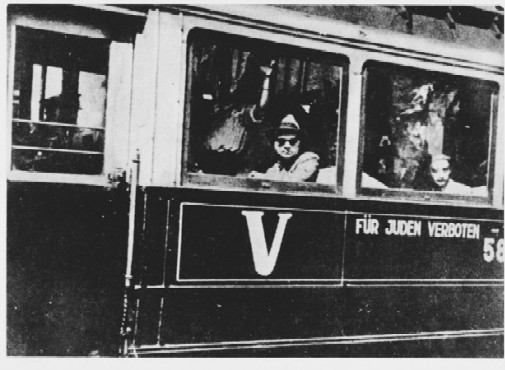 Streetcar in Belgrade bearing the sign: "Forbidden to Jews." Belgrade, Yugoslavia, 1941-1942