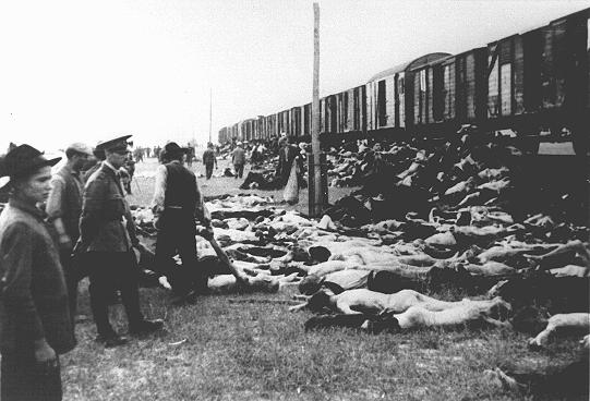 During the deportation of survivors of a pogrom in Iasi to Calarasi or Podul Iloaei, Romanians halt a train to throw off the bodies of those who had died on the way. Romania, July 1941.