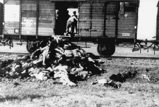 Along the route from Iasi to either Calarasi or Podul IIoaei, Romanians remove corpses from a train carrying Jews deported from Iasi following a pogrom. Romania, late June or early July 1941.