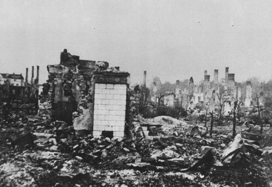 A Polish town lies in ruins following the German invasion of Poland, which began on September 1, 1939.