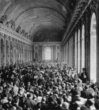 Allied delegates in the Hall of Mirrors at Versailles witness the German delegation's acceptance of the terms of the Treaty Of Versailles, the treaty formally ending World War I. Versailles, France, June 28, 1919.