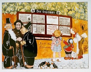 Ilustração de um livro nazista destinado a crianças.  Os títulos dizem: "Os judeus são a causa do nosso infortúnio" e "Como o judeu trapaceia".  Foto tirada na Alemanha, 1936.