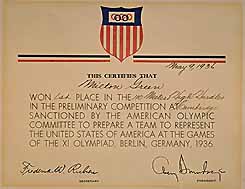 Certificate awarded to Milton Green in pre-Olympic trials.