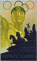 El póster oficial de las Olimpíadas, diseñado por el artista nazi Frantz Wurbel, muestra a un atleta olímpico que se eleva por sobre la Puerta de Brandenburgo, símbolo de Berlín. 1936.