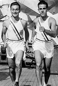 Here Glickman (left) and Stoller train aboard the ship <i>Manhattan</i> on their way to Berlin. July 1936.