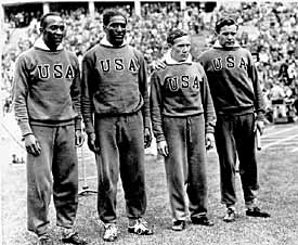 This August 9, 1936, photograph shows the U.S. 4x100-meter relay team. Their time of 39.8 seconds set a world record that held for 20 years. From left to right: Jesse Owens, Ralph Metcalfe, Foy Draper, and Frank Wykoff. Both Draper and Wyckoff trained under Dean Cromwell at the University of Southern California, leading some observers to believe that favoritism was involved in the selection of the runners. Stoller agreed. He had beaten Draper in practice heats in Berlin.