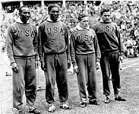 This August 9, 1936, photograph shows the U.S. 4x100-meter relay team. Their time of 39.8 seconds set a world record that held for 20 years. From left to right: Jesse Owens, Ralph Metcalfe, Foy Draper, and Frank Wykoff. Both Draper and Wyckoff trained under Dean Cromwell at the University of Southern California, leading some observers to believe that favoritism was involved in the selection of the runners. Stoller agreed. He had beaten Draper in practice heats in Berlin.