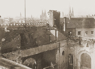 View of the old synagogue in Aachen after its destruction...