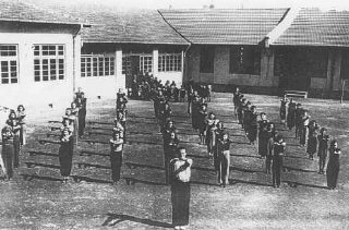 Physical education class at a Jewish refugee school...