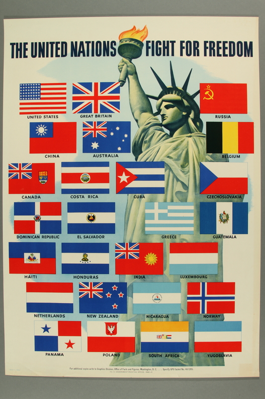 Us Poster Depicting The Statue Of Liberty And Flags Of The Allied