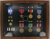 2006.11.44, Framed shadow box of military medals, ribbons, and insignia, J. George Mitnick Collection