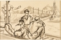 Drawing of five men near train tracks by a German Jewish internee