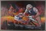 Painting of Uncle Sam pushing the MS St Louis into the flaming mouth of Hitler