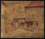 Watercolor painting of a courtyard given to an UNRRA official