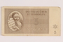 Theresienstadt ghetto-labor camp scrip, 5 kronen note, issued to a Dutch Jewish inmate