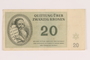 Theresienstadt ghetto-labor camp scrip, 20 kronen note, issued to a Dutch Jewish inmate
