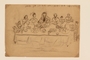 Pencil drawing of people seated for Seder created by a former hidden child