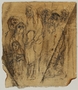 Autobiographical drawing by Halina Olomucki of people waiting in line in the Warsaw ghetto