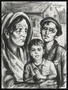 Autobiographical charcoal drawing by David Friedman of a mother with two children in Lodzer Ghetto