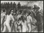Autobiographical charcoal drawing by David Friedman of mothers, ordered to undress, who stare at their executioners as they march with their children into a mass grave