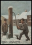 Autobiographical tempera painting by David Friedmann of two men pumping water in the Łódź Ghetto