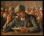 Autobiographical oil painting by David Friedman of a man with a Star of David badge eating in a Łódź Ghetto food hall