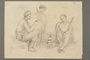 Drawing by Alexander Bogen of three partisans eating around a camp stove