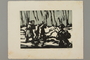 Woodcut by Alexander Bogen of two armed partisans marching in line with an unarmed man between them