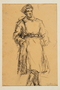 Drawing by Alexander Bogen of a partisan standing with his hands in his pockets