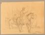 Partisans in the woods, including two armed men riding horses, drawn by Alexander Bogen