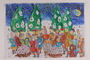 Autobiographical watercolor of Jewish partisans around a fire in a snow covered forest at night