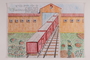 Colored pencil drawing of the final red train cars passing through a concentration camp gate