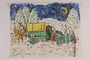 Autobiographical watercolor of a group of Jews standing in the snow near a broken truck