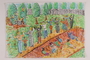 Watercolor depicting Nazi soldiers shooting Jewish men and boys into a blood streaked dirt ditch
