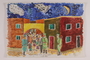Watercolor painting showing a group of Jewish men, women, and children entering a ghetto