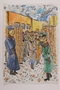 Autobiographical watercolor of a group of Jews and soldiers at a ghetto checkpoint
